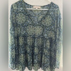 Ann Taylor Loft Green Bell Sleeve Tie Neck Floral Sheer Peasant Blouse Sz S